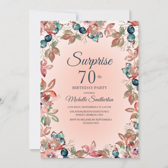 70th Surprise Birthday Women Pink Teal Floral Invitation (Front)