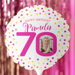 70th two custom photos colourful confetti birthday balloon<br><div class="desc">Bright colourful confetti random dots birthday 70th surprise party balloon. In bright hot pink, coral, golden yellow and orange. Add your own birthday girl's photo in the centre of the 0 in 70 and a baby or other photo on the reverse and customise with your own seventieth birthday girl's name....</div>