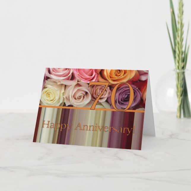 70th Wedding Anniversary Card -Pastel roses stripe (Front)