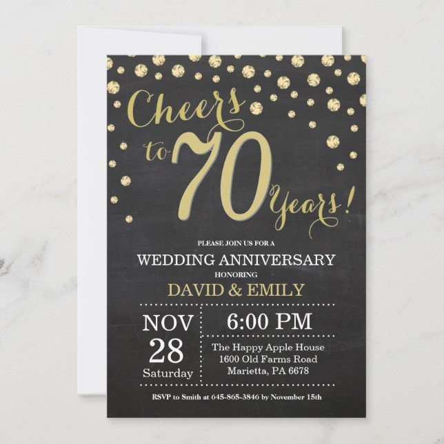 70th Wedding Anniversary Chalkboard Black and Gold Invitation (Front)