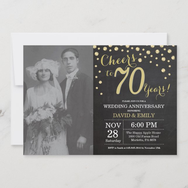 70th Wedding Anniversary Chalkboard Black and Gold Invitation (Front)