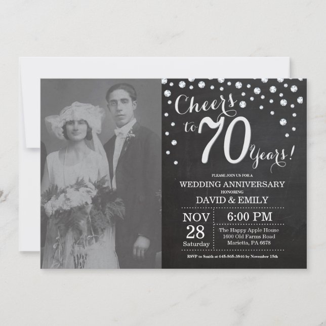 70th Wedding Anniversary Chalkboard Black Silver Invitation (Front)