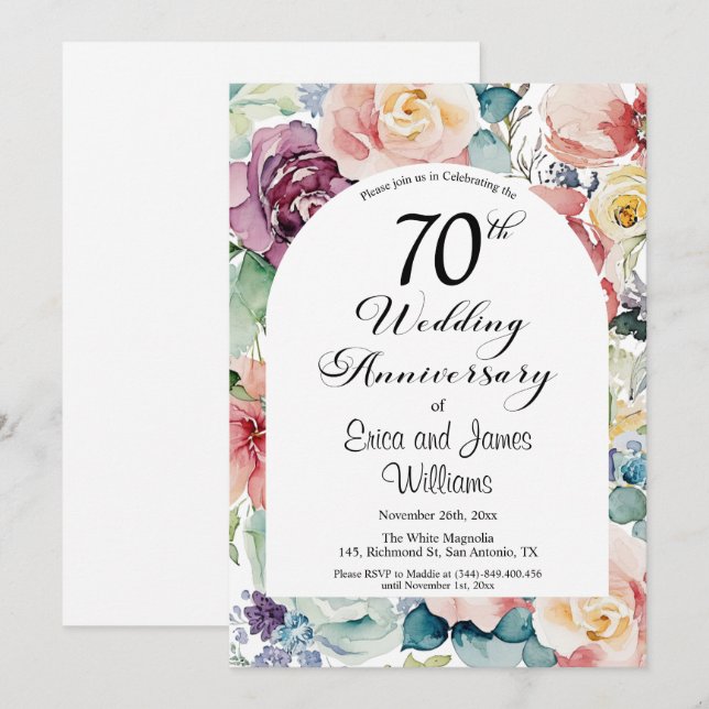 70th Wedding Anniversary Elegant Script Floral Invitation (Front/Back)