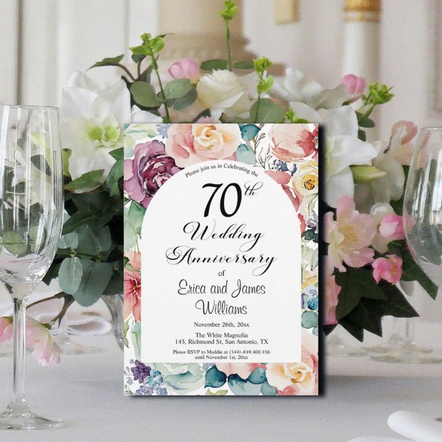70th Wedding Anniversary Elegant Script Floral Invitation (Creator Uploaded)