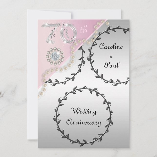 70th Wedding Anniversary Embossed Silver Rose Gold Invitation (Front)