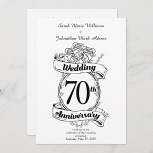 70th Wedding Anniversary Flowers Black and white Invitation