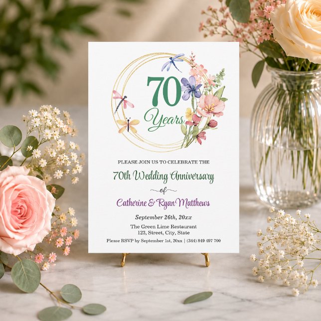 70th Wedding Anniversary Gold Frame Floral Invitation (Creator Uploaded)