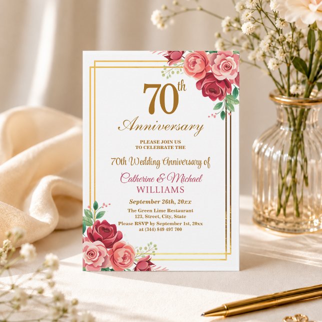 70th Wedding Anniversary Gold Frame Floral Invitation (Creator Uploaded)