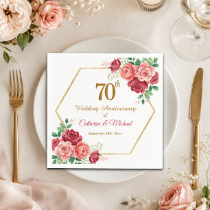 70th Wedding Anniversary Gold Frame Floral Napkin