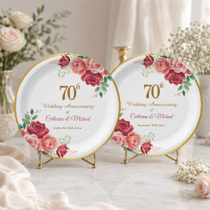 70th Wedding Anniversary Gold Frame Floral Paper Plate