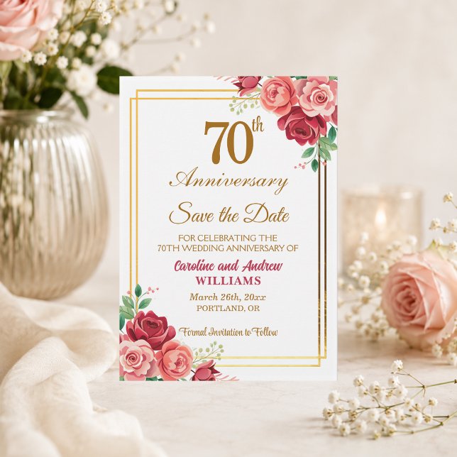 70th Wedding Anniversary Gold Frame Floral  Save The Date (Creator Uploaded)