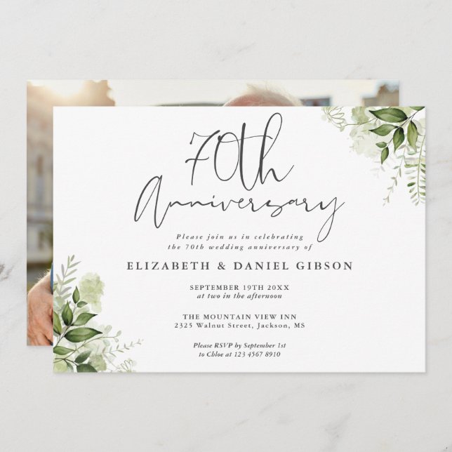 70th Wedding Anniversary Greenery Floral Photo Invitation (Front/Back)
