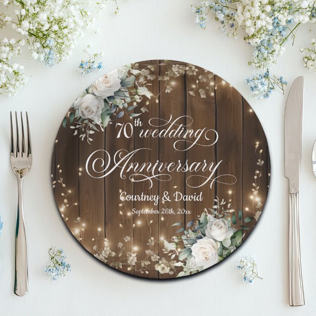 70th Wedding Anniversary Rustic String Lights  Paper Plate (Creator Uploaded)