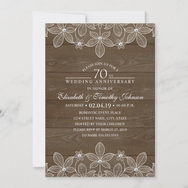 70th Wedding Anniversary Rustic Wood Country Lace Invitation (Front)
