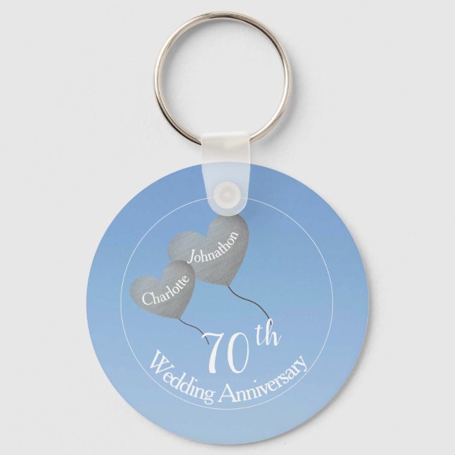 70th Wedding Anniversary silver heart balloon Key Ring (Front)