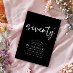 70th White on Black Birthday Party Modern Script Invitation<br><div class="desc">This modern, white on black design features the word "seventy" in a script style calligraphy and an elegantly spaced, modern typography comprising classical serif fonts. The invitations reverse to a delicate repeating triangle pattern in black and chromatic grey. Suitable for men or women. Choose from printed Zazzle invitations with different...</div>