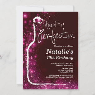 70th Wine Birthday Aged to Perfection Pink Glitter Invitation