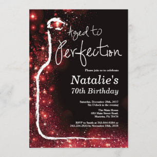 70th Wine Birthday Aged to Perfection Red Glitter Invitation