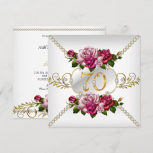 70th Women's Birthday Party Pink Roses White Gold Invitation