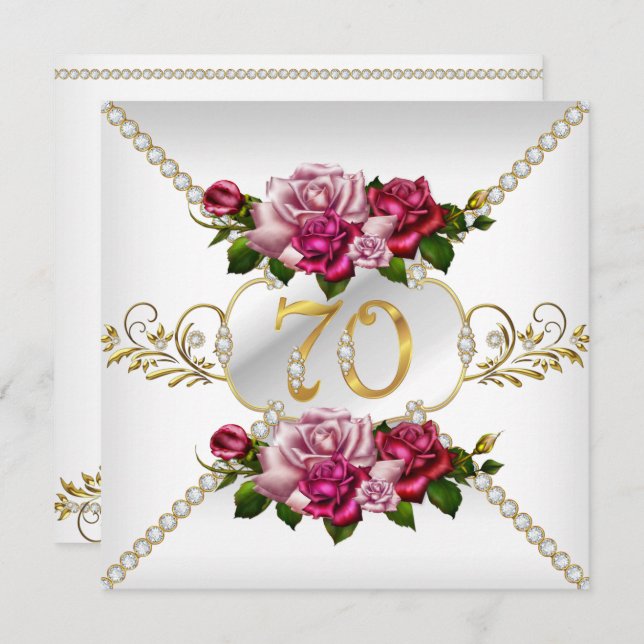 70th Women's Birthday Party Pink Roses White Gold  Invitation (Front/Back)