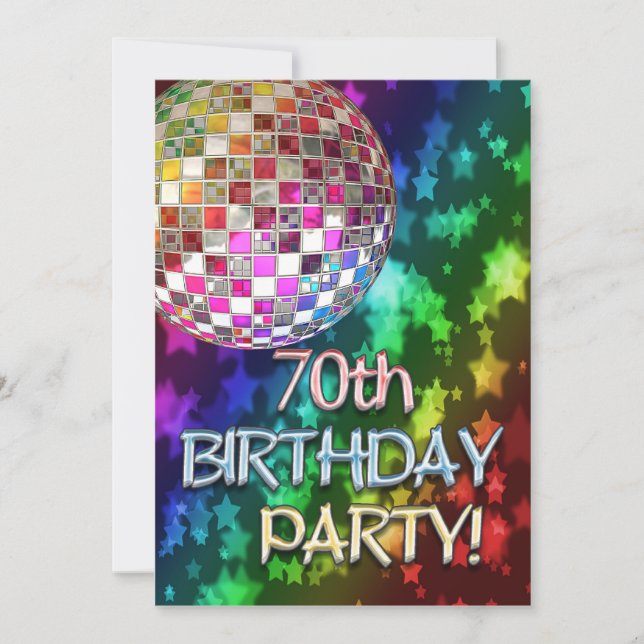 70thinvitation with disco ball and rainbow stars invitation (Front)