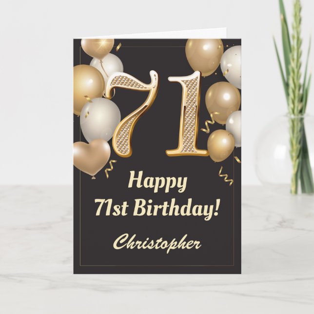 71st Birthday Black and Gold Balloons Confetti Card (Front)