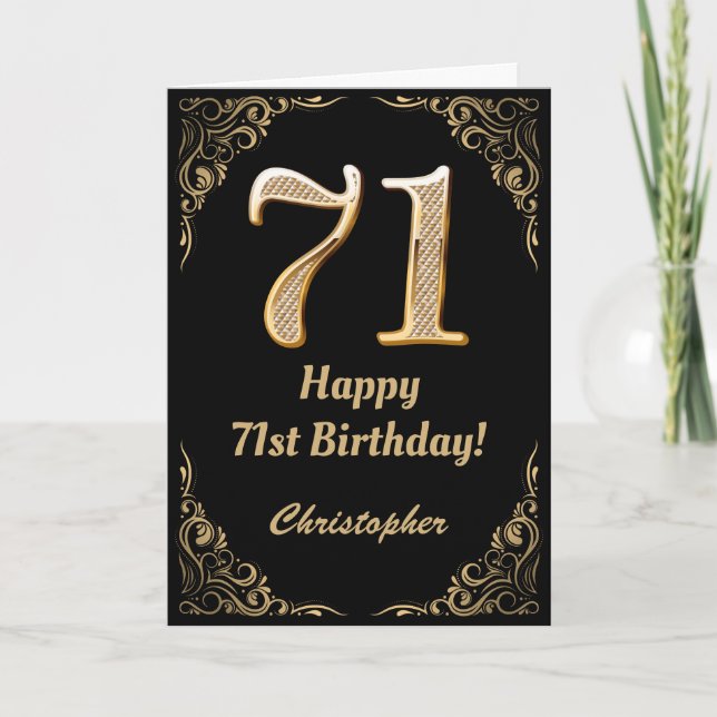 71st Birthday Black and Gold Glitter Frame Card (Front)