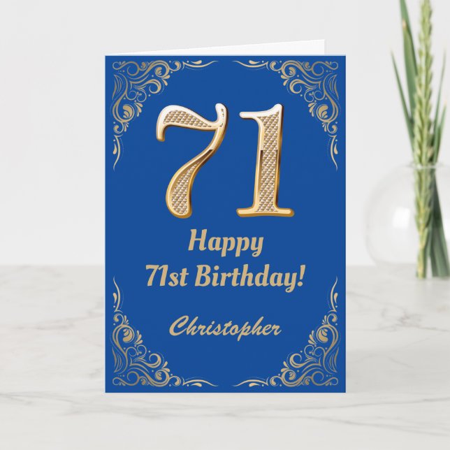 71st Birthday Blue and Gold Glitter Frame Card (Front)