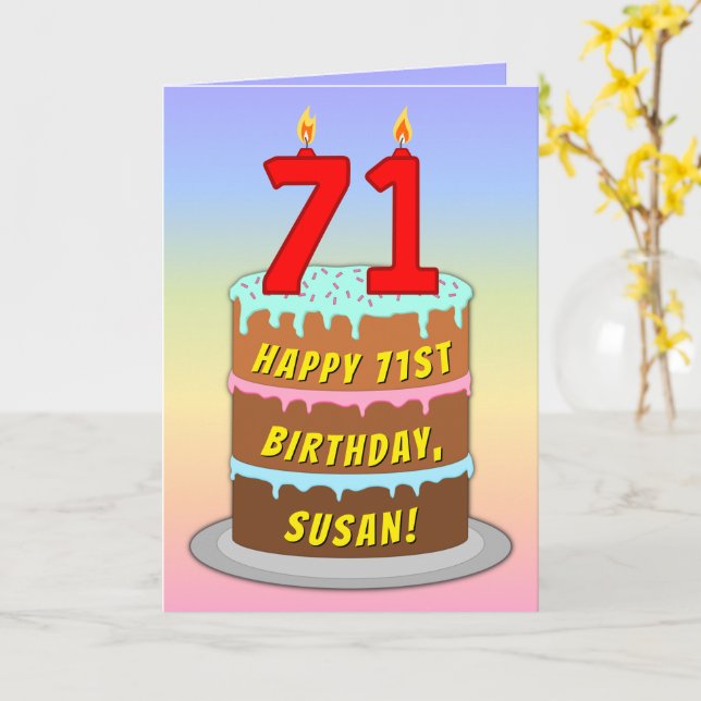 71st Birthday — Fun Cake & Candles, w/ Custom Name Card (Yellow Flower)