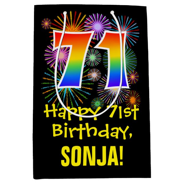 71st Birthday: Fun Fireworks Pattern + Rainbow 71 Medium Gift Bag (Front)