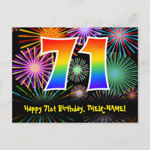 71st Birthday – Fun Fireworks Pattern + Rainbow 71 Postcard