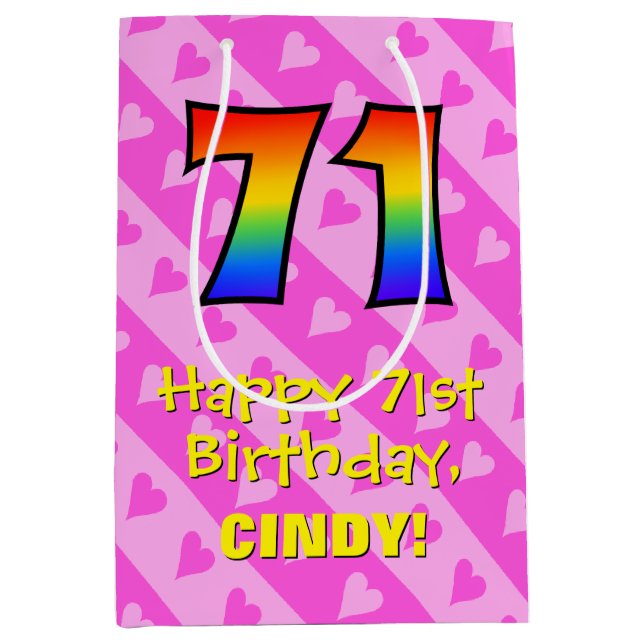 71st Birthday: Fun Pink Hearts Stripes; Rainbow 71 Medium Gift Bag (Front)