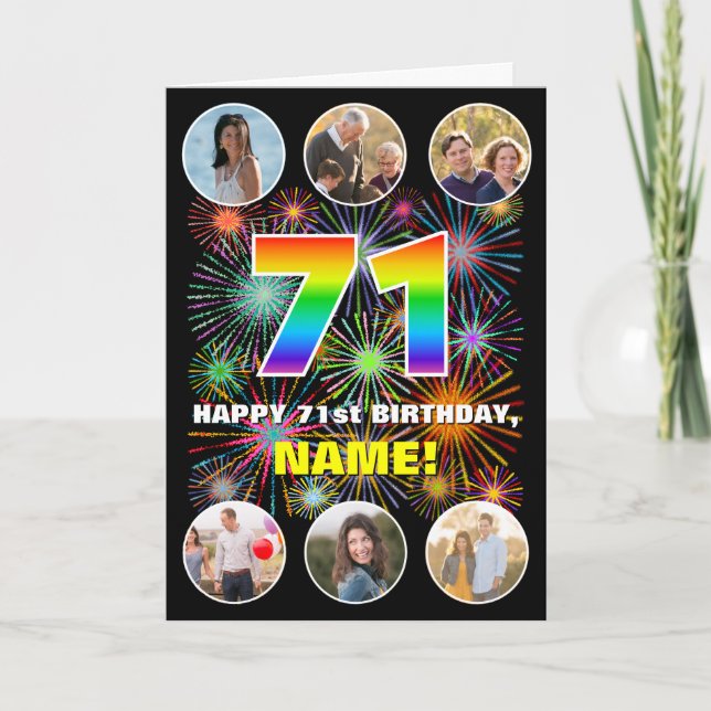71st Birthday: Fun Rainbow #, Custom Name & Photos Card (Front)