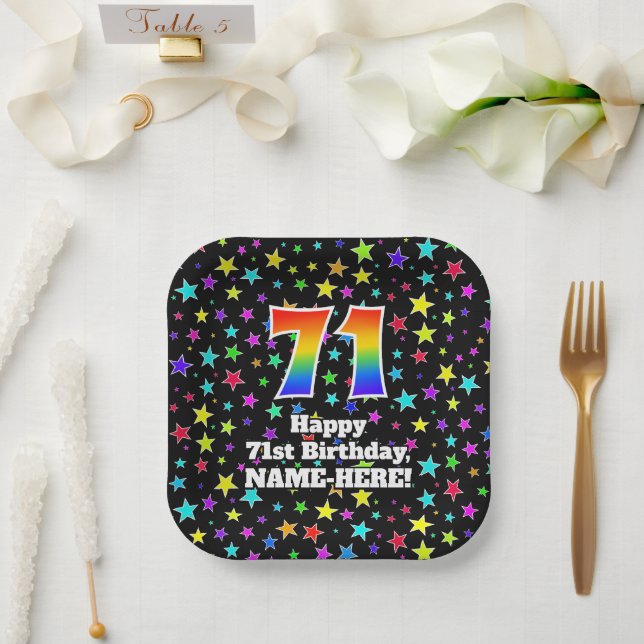 71st Birthday: Fun Stars Pattern and Rainbow “71” Paper Plate (Wedding)