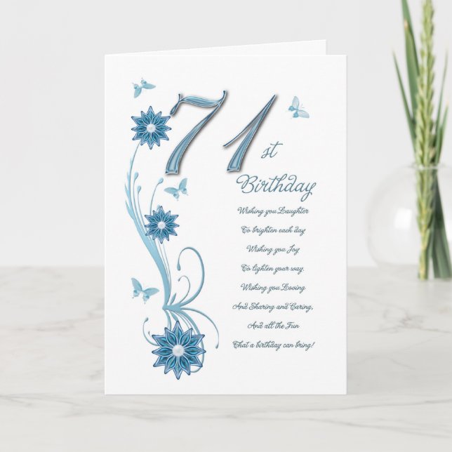 71st birthday in teal with flowers and butterfly card (Front)