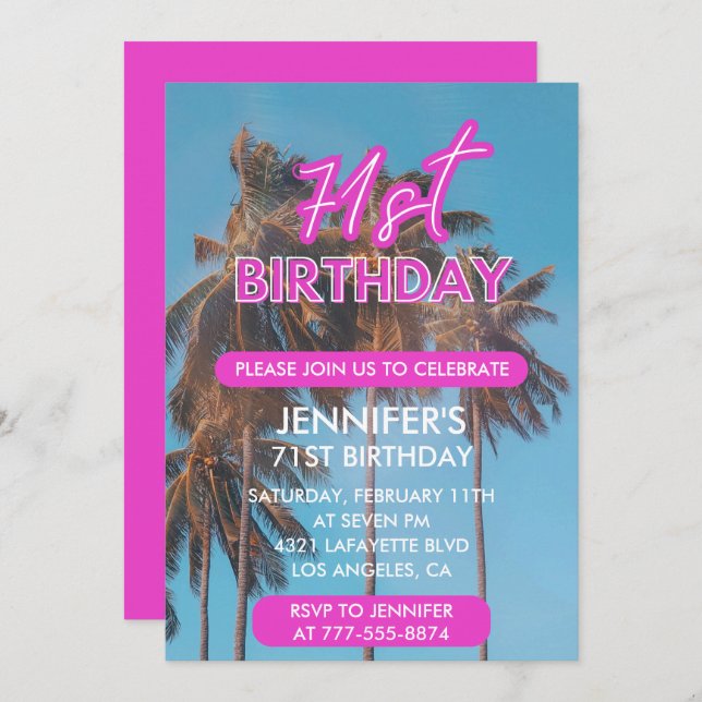 71st birthday invitation Summer Pink Palm tree (Front/Back)