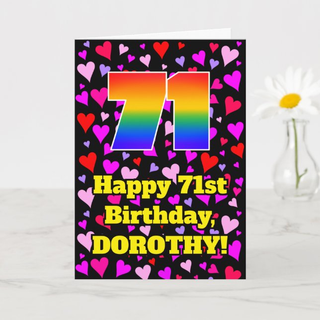71st Birthday: Loving Hearts Pattern, Rainbow # 71 Card (Small Plant)