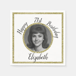 71st Birthday Napkins Custom Photo White and Gold 