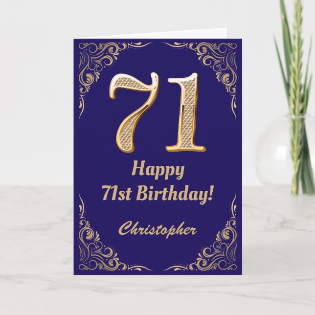71st Birthday Navy Blue and Gold Glitter Frame Card (Front)