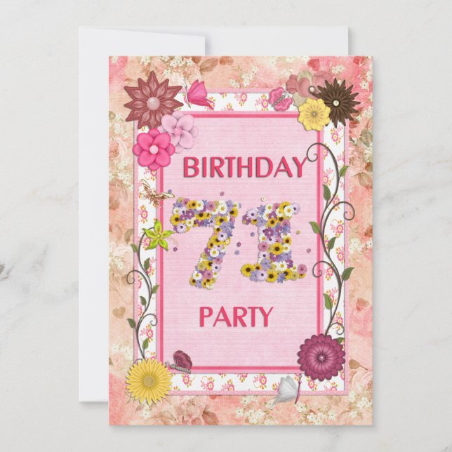 71st birthday party invitation with floral frame (Front)