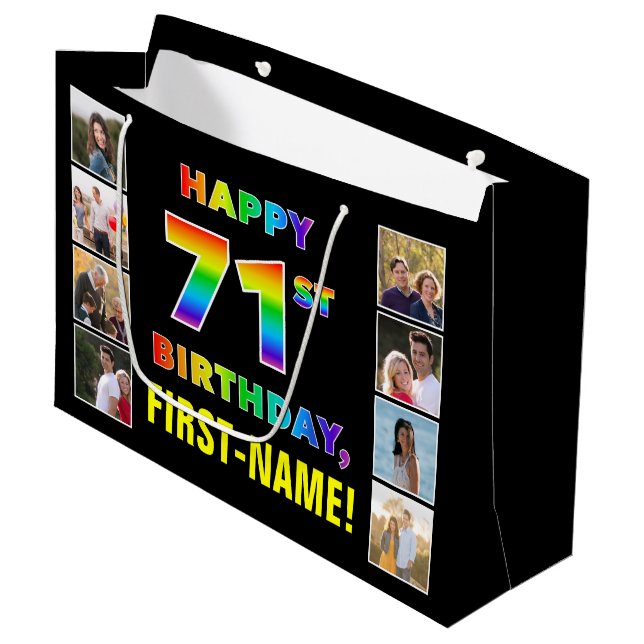 71st Birthday: Rainbow Text, Custom Photos & Name Large Gift Bag (Front Angled)