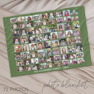 72 Photo Collage Grid with Text - green Fleece Blanket