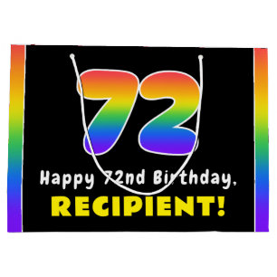 72nd Birthday: Colorful Rainbow # 72, Custom Name Large Gift Bag