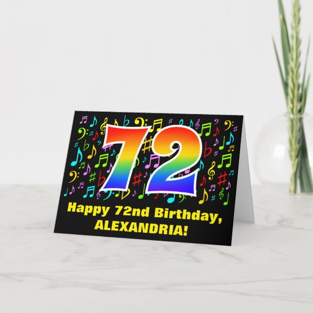 72nd Birthday: Colourful Music Symbols & Rainbow 7 Card (Front)