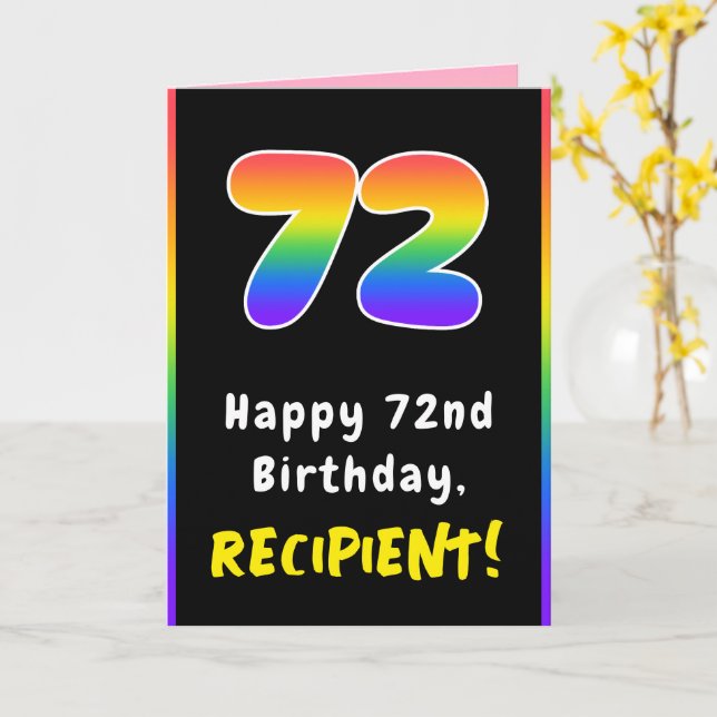 72nd Birthday: Colourful Rainbow # 72, Custom Name Card (Yellow Flower)