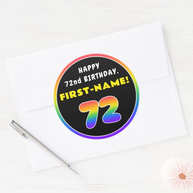 72nd Birthday: Colourful Rainbow # 72, Custom Name Classic Round Sticker (Envelope)