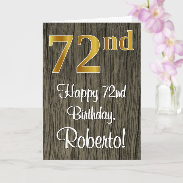72nd Birthday: Elegant Faux Gold Look #, Faux Wood Card (Orchid)