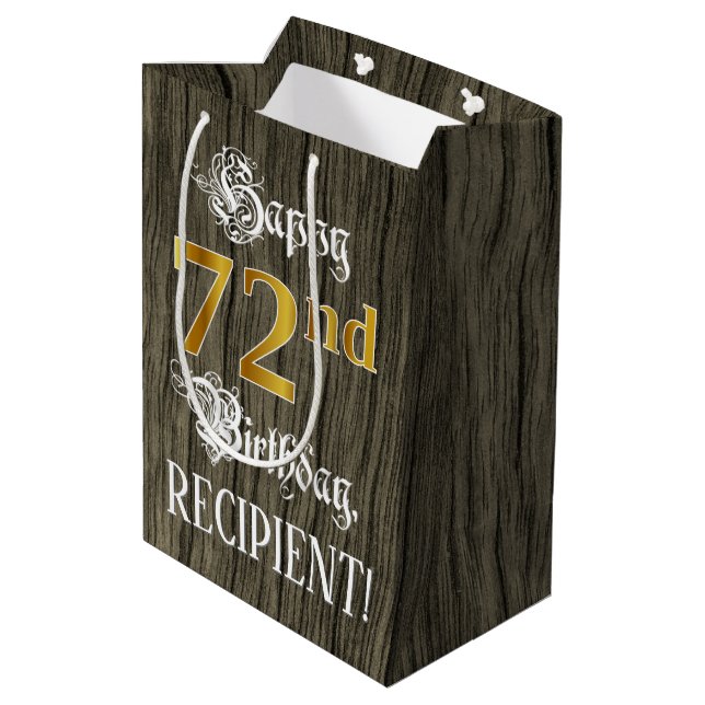 72nd Birthday: Faux Gold Look & Faux Wood Pattern Medium Gift Bag (Back Angled)