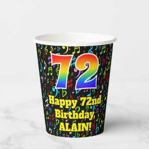 72nd Birthday: Fun Music Notes Pattern, Rainbow 72 Paper Cups