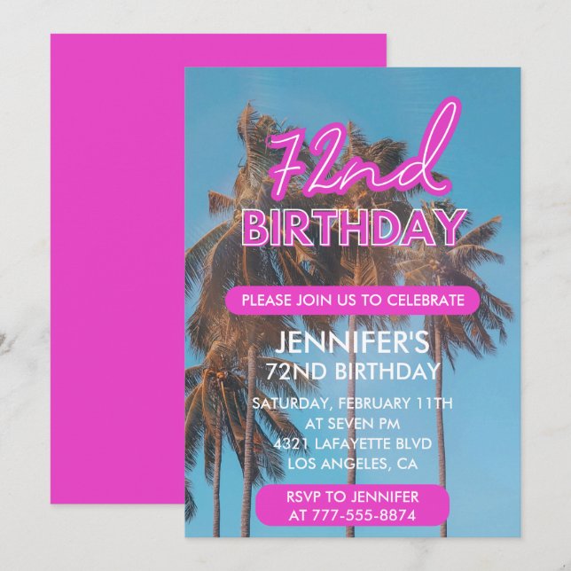 72nd birthday invitation Summer Pink Palm tree (Front/Back)